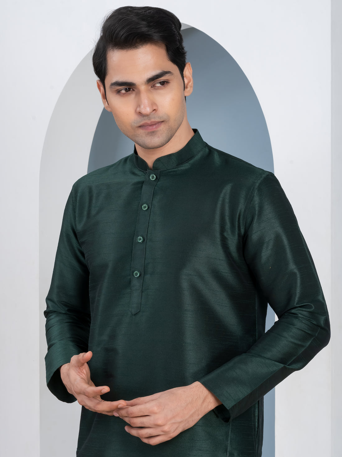 Mens Green Solid Art Silk Kurta