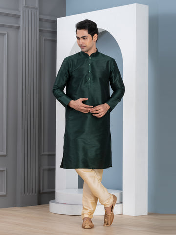 Mens Green Solid Art Silk Kurta