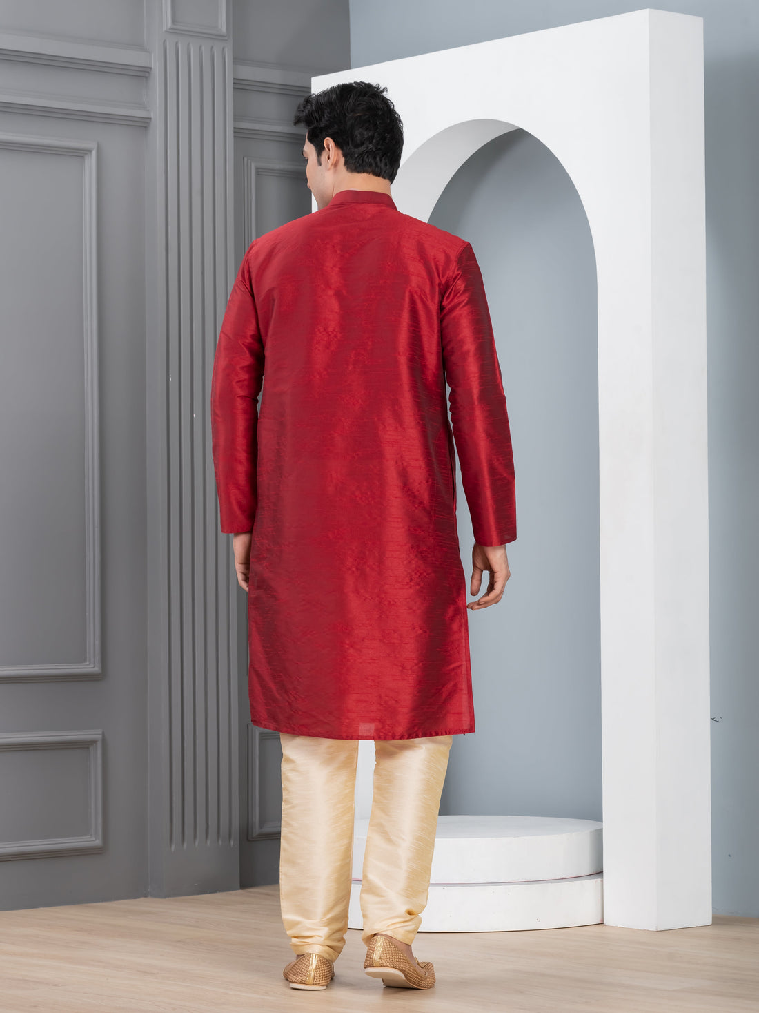 Mens Maroon Solid Art Silk Kurta