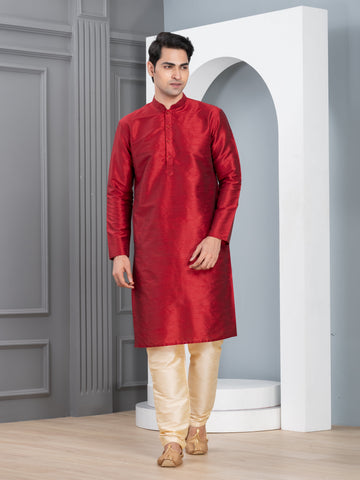 Mens Maroon Solid Art Silk Kurta