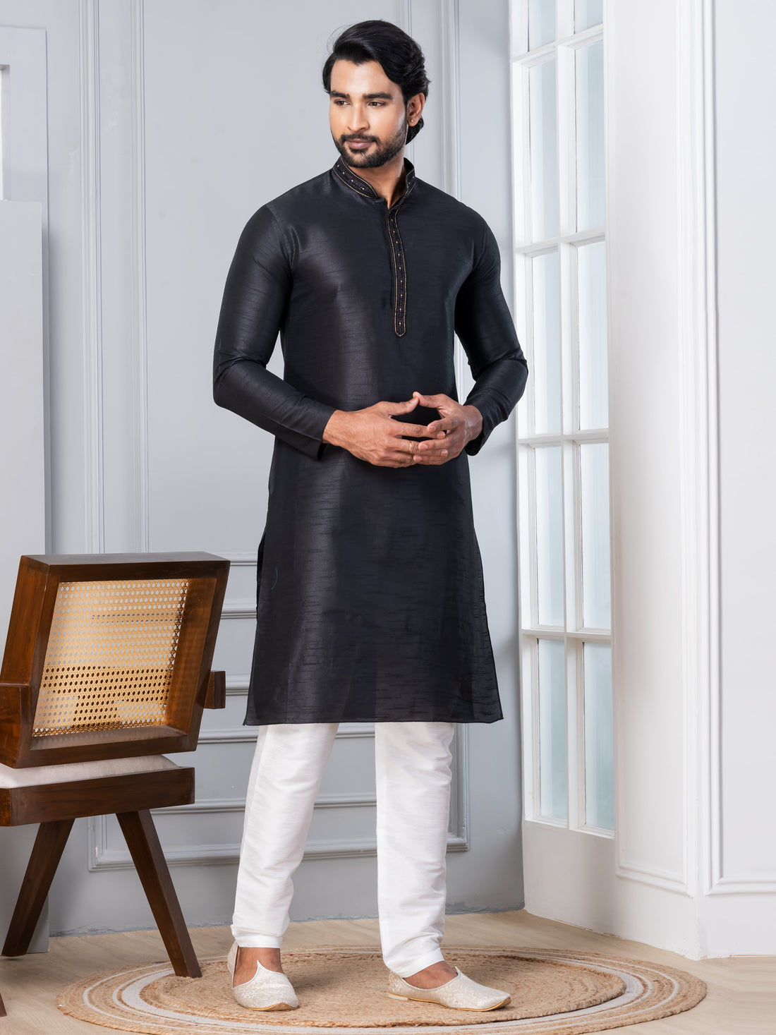 Mens Black Embroidered Art Silk Kurta