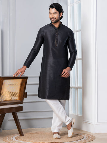 Mens Black Embroidered Art Silk Kurta