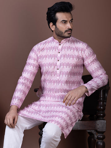 Mens Pink Sequins Work Cotton Silk Kurta