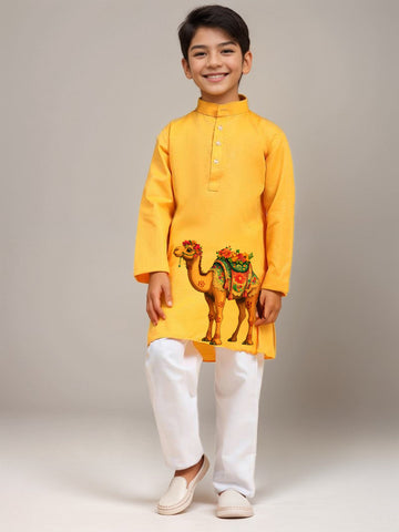 Boys Yellow Printed Kurta