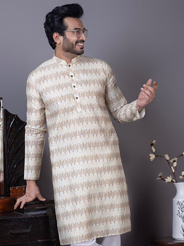 Mens Beige Sequins Work Cotton Silk Kurta