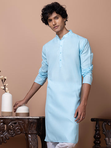 Mens Blue Plain Cotton Kurta