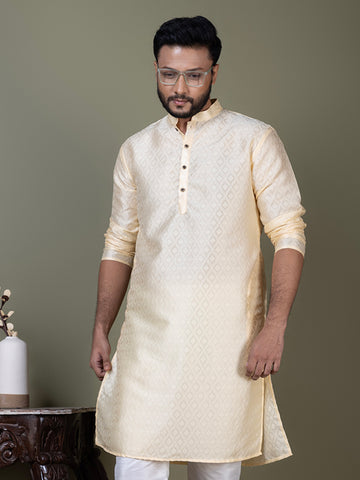 Mens Beige Self Design Cotton Silk Kurta