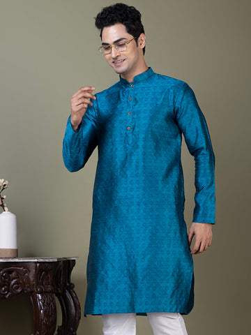Mens Turquoise Blue Self Design Jacquard Kurta