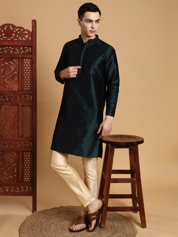 Mens Green Self Design Jacquard Silk Kurta