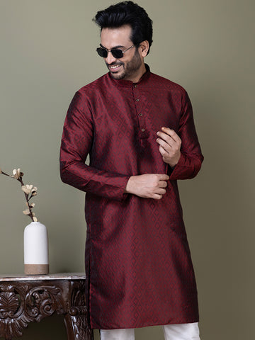 Mens Maroon Self Design Cotton Silk Kurta