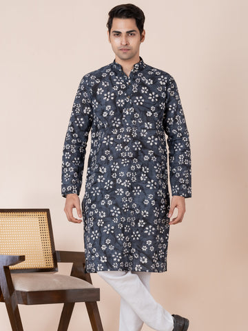 Mens Navy Blue Floral Printed Cotton Kurta