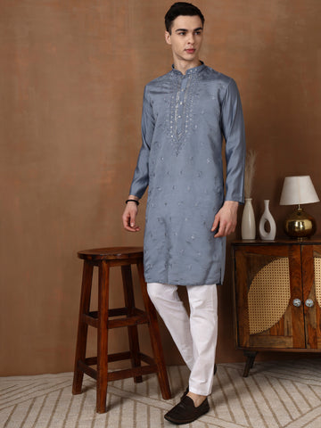 Mens Grey Thread & Mirror Work Modal Silk Kurta
