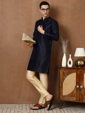 Mens Navy Blue Self Design Jacquard Silk Kurta