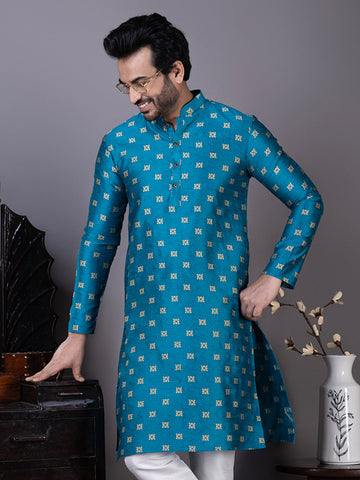 Mens Turquoise Blue Motif Embroidered Jacquard Kurta