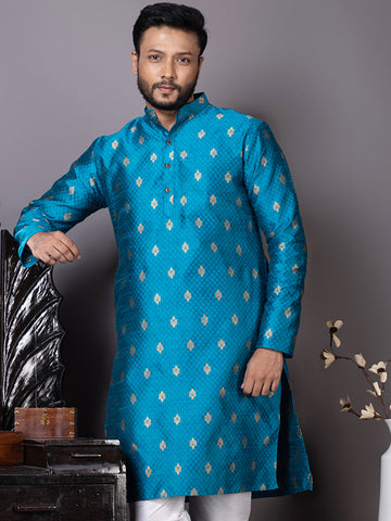 Mens Turquoise Blue Motif Embroidered Jacquard Kurta