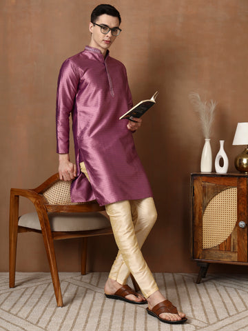 Mens Purple Self Design Jacquard Silk Kurta