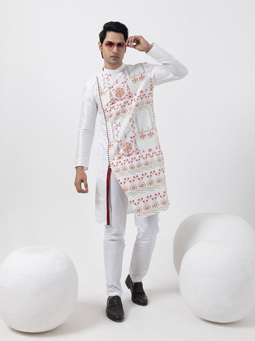 Mens White Ethnic Printed Premium Art Silk Kurta