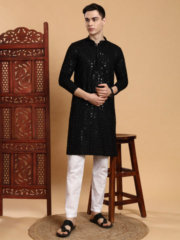 Mens Black Sequins Work Viscose Rayon Kurta