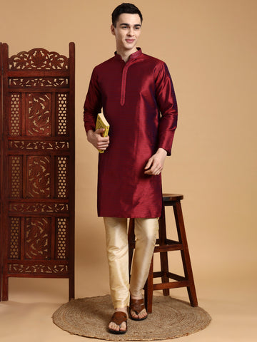 Mens Maroon Self Design Jacquard Silk Kurta
