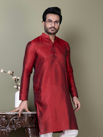 Mens Red Self Design Jacquard Kurta