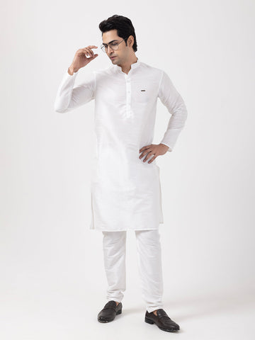 Mens White Solid Art Silk Kurta