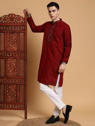 Mens Maroon Thread & Mirror Work Modal Silk Kurta