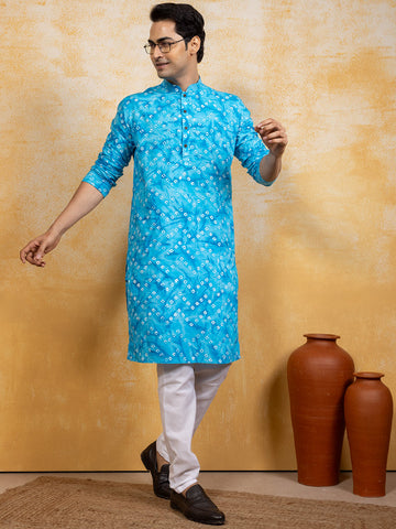Mens Blue Bandhani Printed Cotton Kurta