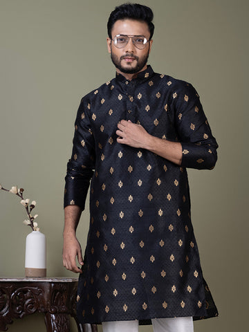 Mens Black Motif Embroidered Jacquard Kurta