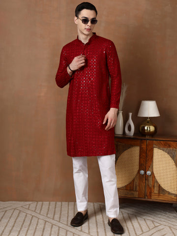 Mens Red Sequins Work Viscose Rayon Kurta