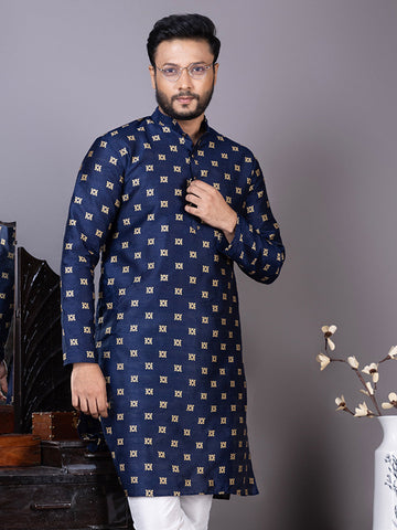Mens Navy Blue Motif Embroidered Jacquard Kurta