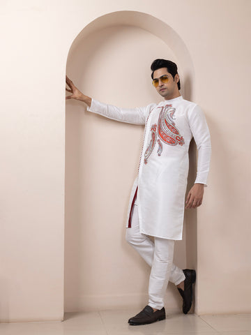 Mens White Ethnic Printed Premium Art Silk Kurt