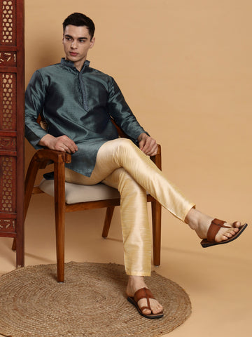 Mens Teal Green Self Design Jacquard Silk Kurta