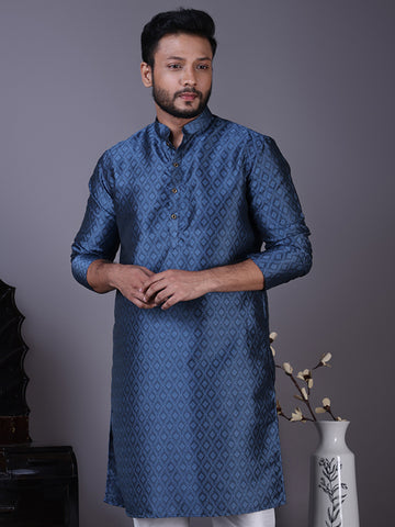 Mens Blue Self Design Cotton Silk Kurta