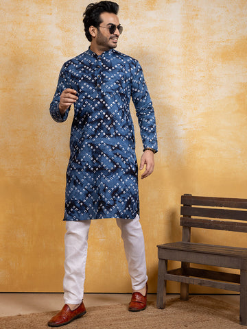 Mens Navy Blue Bandhani Printed Cotton Kurta