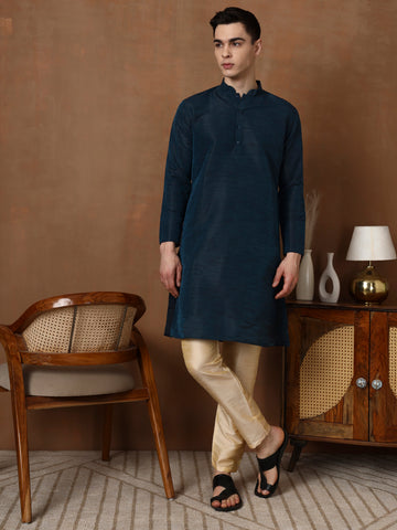 Mens Navy Blue Solid Art Silk Kurta