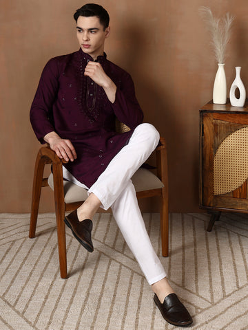 Mens Purple Thread & Mirror Work Modal Silk Kurta