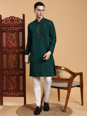 Mens Green Thread & Mirror Work Modal Silk Kurta