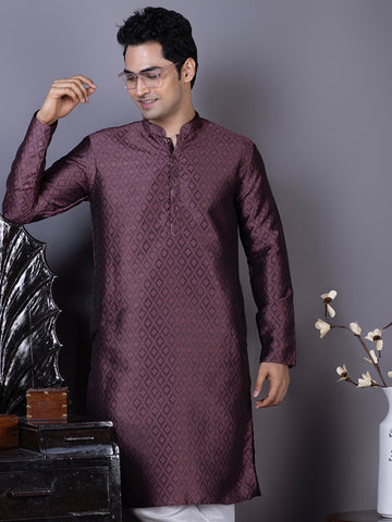 Mens Purple Self Design Cotton Silk Kurta
