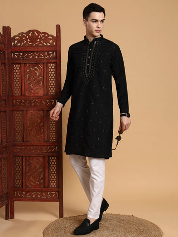 Mens Black Thread & Mirror Work Modal Silk Kurta