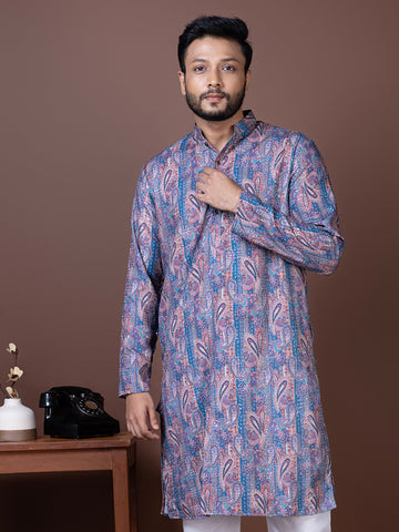 Mens Blue Sequins Embellished Cotton Kurta