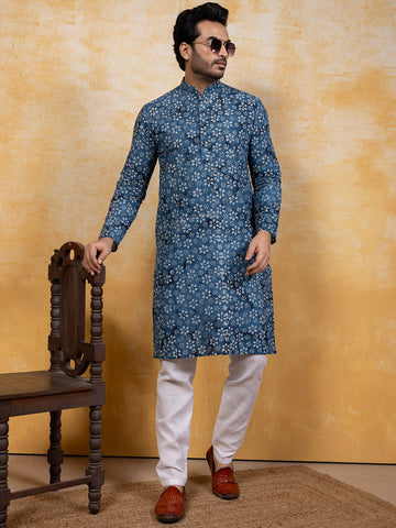 Mens Blue Floral Printed Cotton Kurta