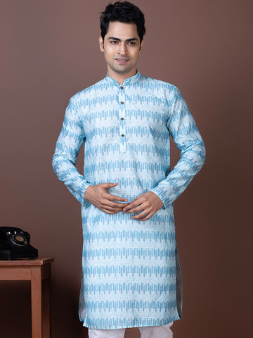 Mens Blue Sequins Work Cotton Silk Kurta
