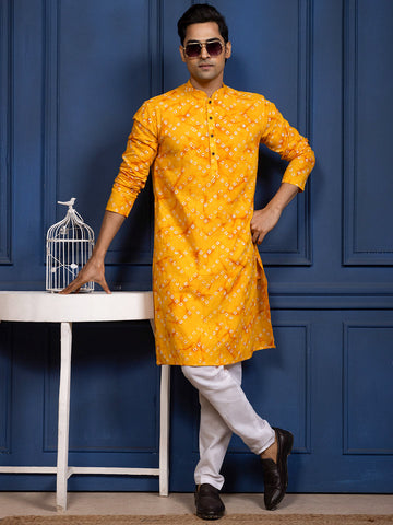 Mens Yellow Bandhani Printed Cotton Kurta
