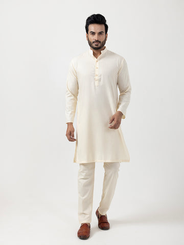 Mens Beige Plain Cotton Kurta