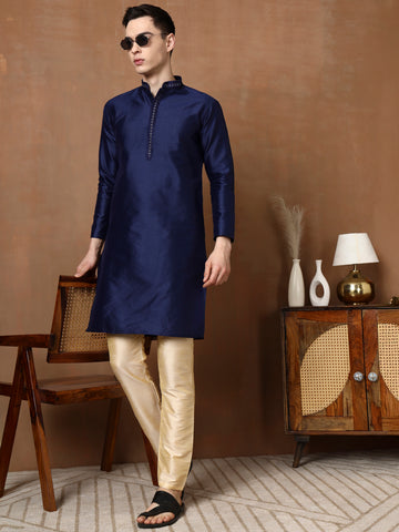 Mens Navy Blue Self Design Jacquard Silk Kurta