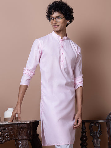 Mens Pink Plain Cotton Kurta