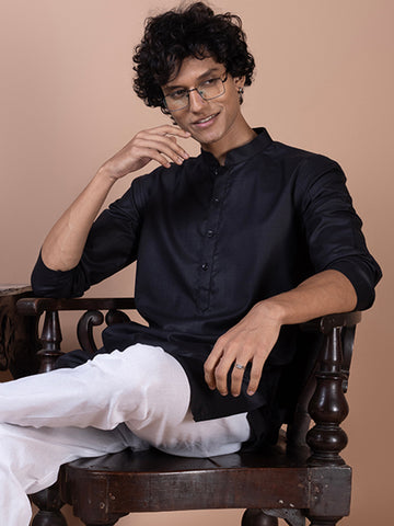 Mens Black Plain Cotton Kurta
