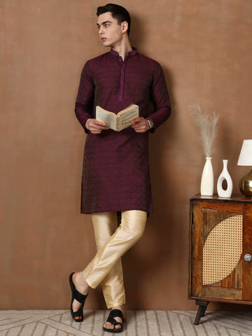 Mens Purple Self Design Jacquard Silk Kurta