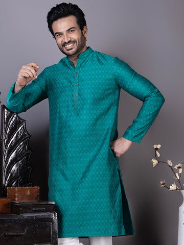 Mens Green Self Design Jacquard Kurta