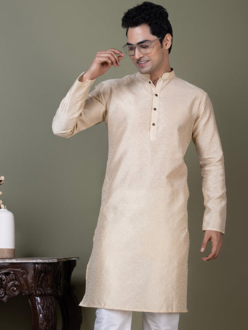 Mens Beige Self Design Jacquard Kurta
